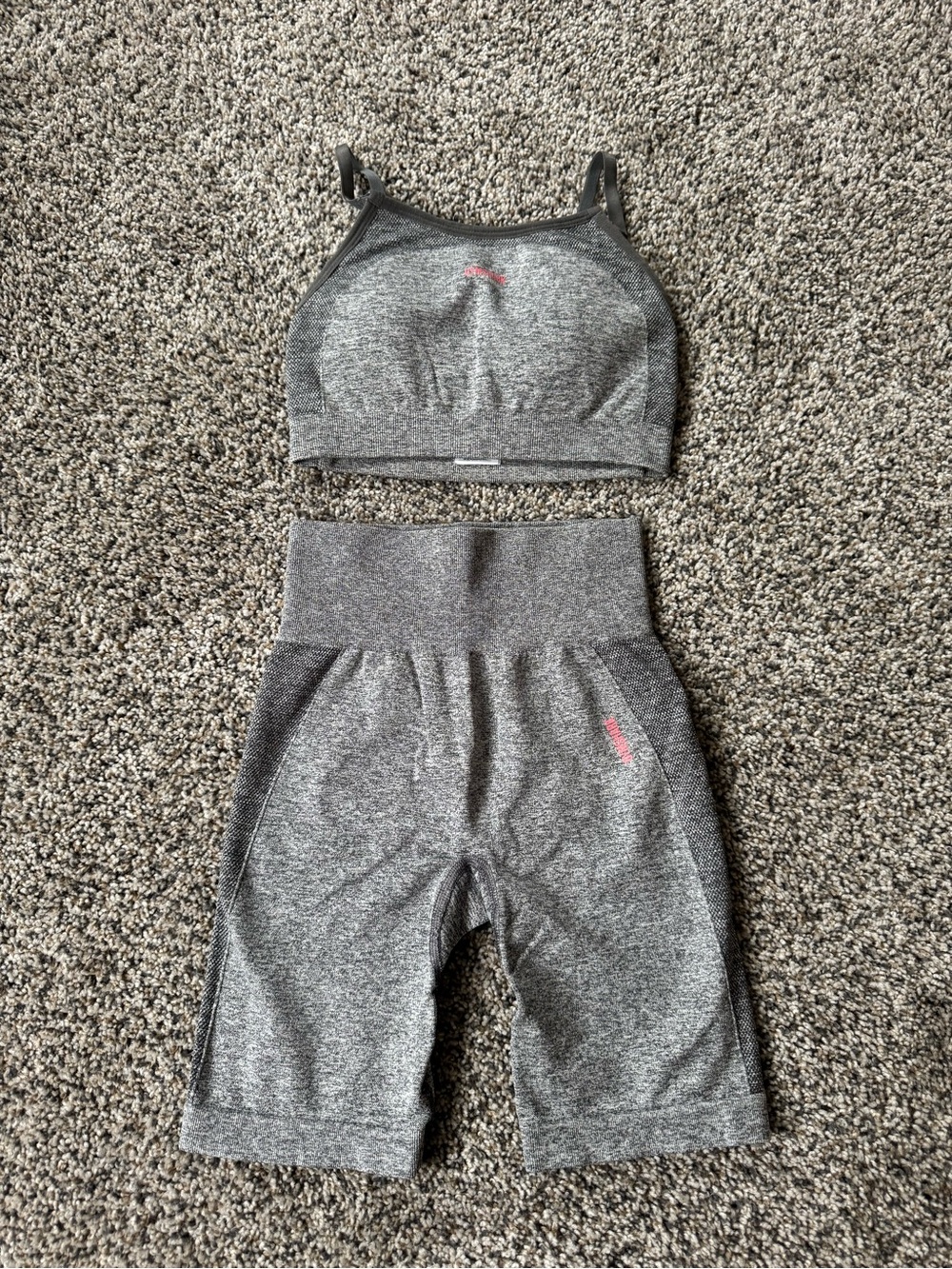 Gymshark Grey Seamless High-Waist Bike Shorts & Sports Bra with Pink Logo